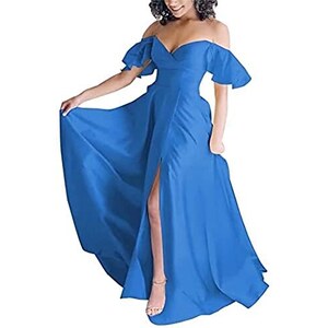 Vestito Donna Spalle Scoperte Con Scollo A V - Abito Elegante Maniche Corte Per Sera Ed Estate - Foto 2