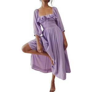 Abito Midi Donna Bohémien Con Scollo Quadrato E Maniche A Sbuffo - Vestito Lungo Elegante Per Spiaggia E Estate - Foto 6