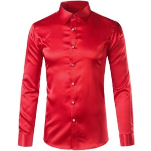 Uomo Camicia Casual Finta Seta Raso Lucido Top Con Bottoni Slim Performance - Foto 6