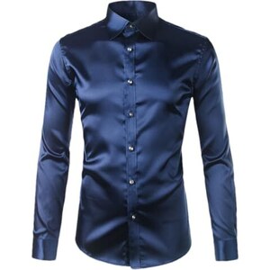 Caxndycing Camicia da uomo lucida, slim fit, in raso, a maniche lunghe, per il lavoro, in tinta unita, con colletto a bottone, casual, per feste, discoteca, elegante, a maniche lunghe, da uomo