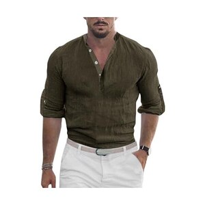 Camicia Uomo Casacca Cotone Lino Scollo V Sfrangiata Regular Fit Celes