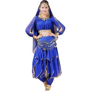 Costume Da Danza Del Ventre Per Donna – Top A Maniche Lunghe, Pantaloni, Foulard Con 128 Monete, Diadema E Copricapo, Taglia Unica Fino A 115 Cm Petto
