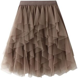 Gonna lunga da donna in tulle, a vita alta, a strati, gonna midi a strati con volant in rete, Albicocca, S
