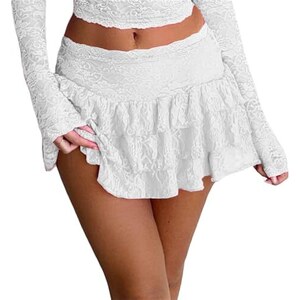 Minigonna In Pizzo Floreale Y2K | Vita Bassa Elastica | Stratificata E Arruffata | Per Party, Club O Look Streetwear