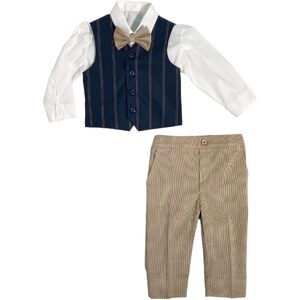 inhzoy Abiti Bambino Neonato Completo Elegante Bambini e Ragazzi Battesimo Set di Abiti da Sposa per Bambini Abbigliamento Set Matrimonio con Camicia Papillon Gilet Pantaloni Azzurro 9-12 Mesi