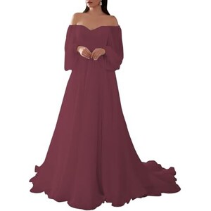 Aupuls Abito Da Donna Spalle Scoperte In Chiffon Con Volant – Lunghezza Midi, Linea A, Per Matrimoni E Damigelle, Taglie Su Misura - 5
