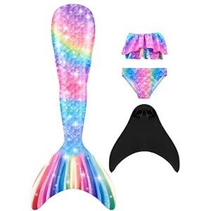 NAITOKE Costume Da Sirena Con Bikini Per Bambina – Set 3 Pezzi (Top, Slip E Coda) – Monopinna Non Inclusa – Taglia 130 (Adatto 120-130 Cm)