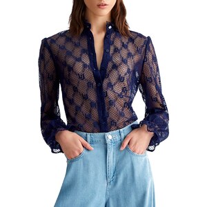 Maglia Trasparente Donna in Pizzo con Colletto Rotondo e Stampa Floreale Camicia Maniche Lunghe in Rete Top Elegante Leggero Casual Sottogiacca Sexy