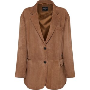 Giacca Invernale Donna In Finta Pelle Scamosciata - Blazer Risvolto Vintage, Maniche Lunghe, Marrone - 3