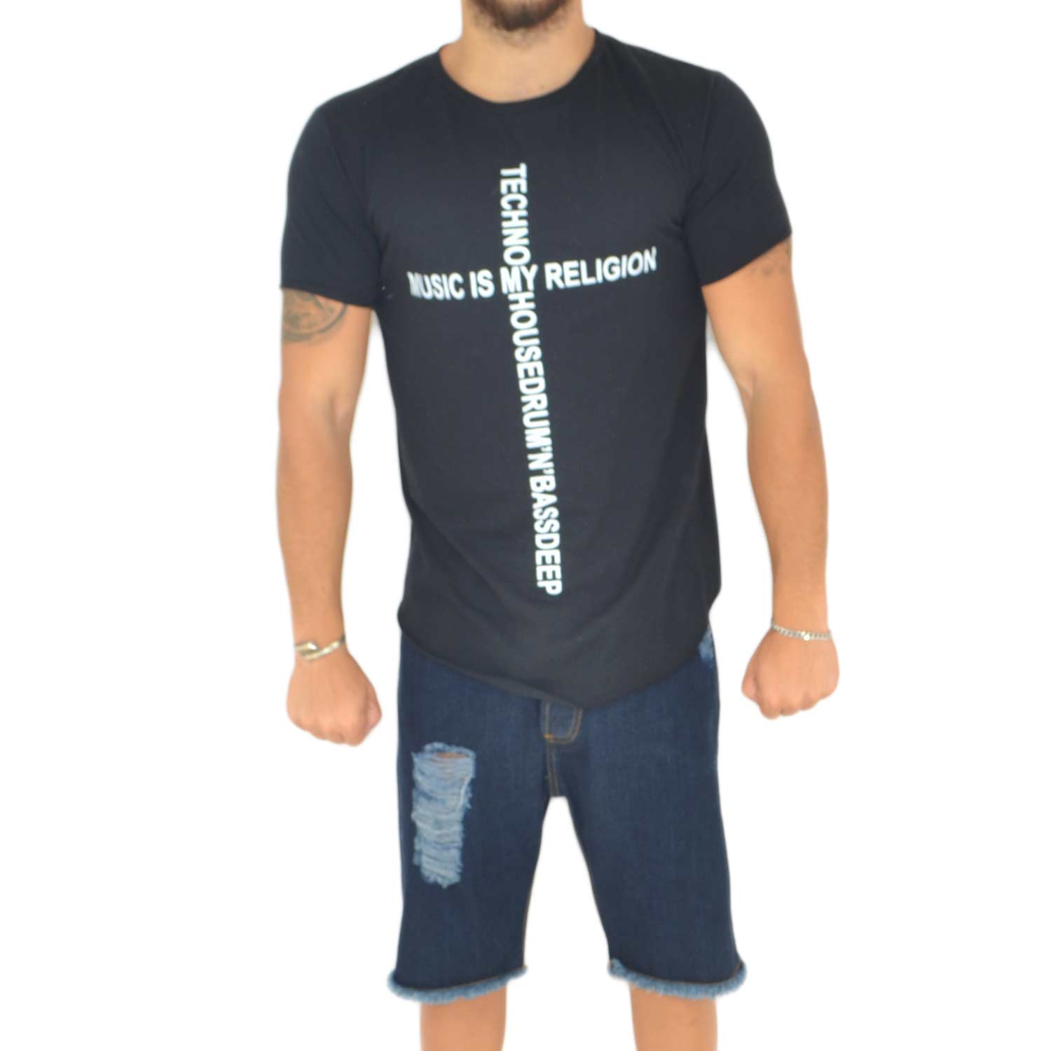 Malu Shoes T-Shirt lunga uomo nera oversize maniche corte scritta la music is my religion street style estate