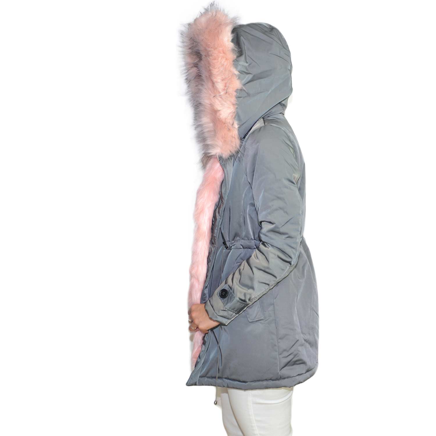 K-ZELL Parka donna invernale con pelliccia rosa eco giacca giubbotto piumino lungo grigio pelo extra volume imbottito caldo mod