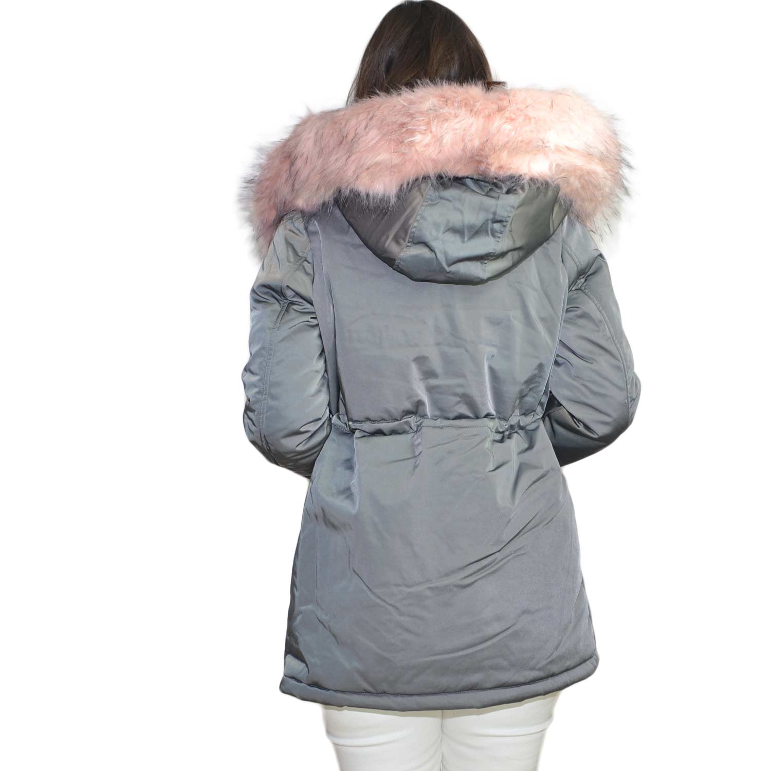 K-ZELL Parka donna invernale con pelliccia rosa eco giacca giubbotto piumino lungo grigio pelo extra volume imbottito caldo mod