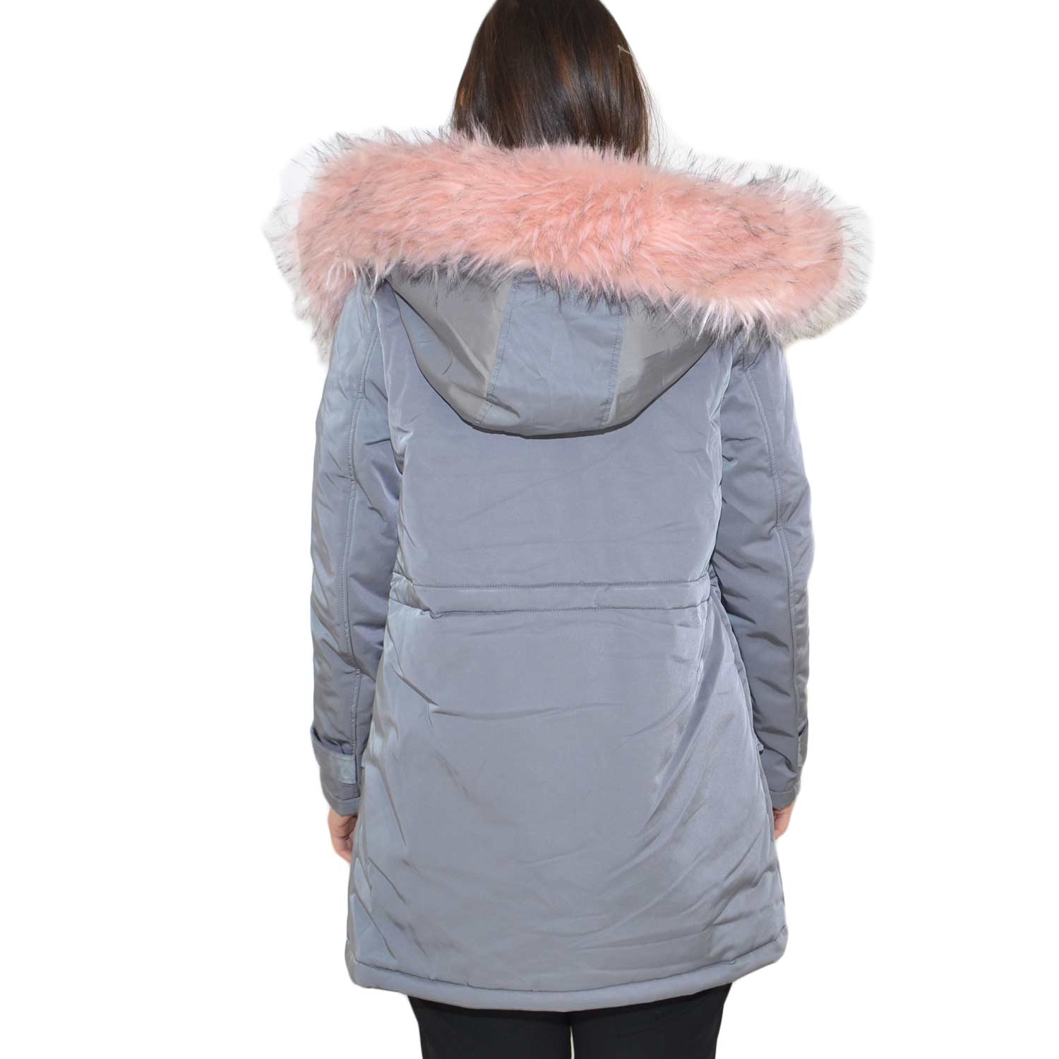 K-ZELL Parka donna invernale con pelliccia rosa eco giacca giubbotto piumino lungo grigio pelo extra volume imbottito caldo mod
