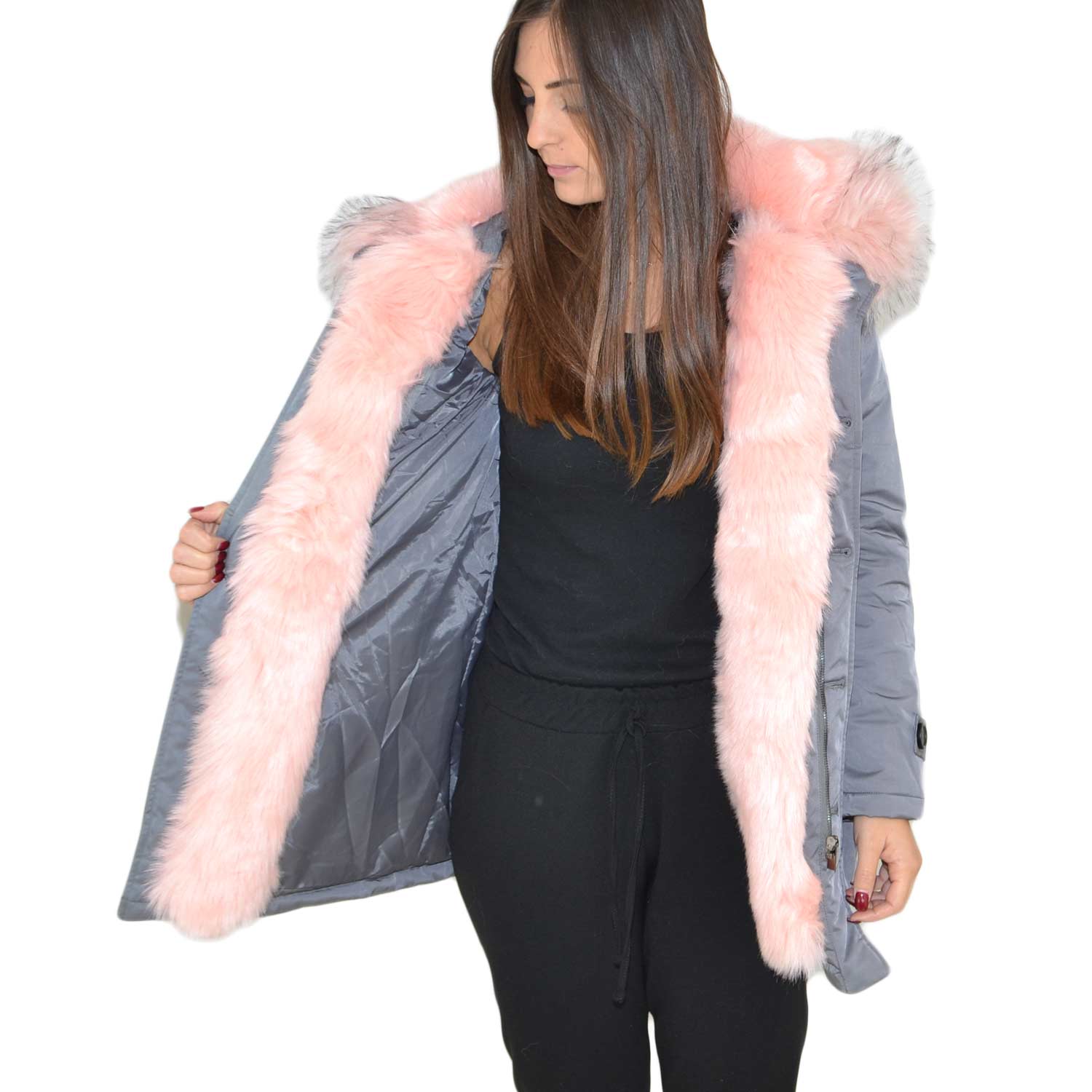 K-ZELL Parka donna invernale con pelliccia rosa eco giacca giubbotto piumino lungo grigio pelo extra volume imbottito caldo mod