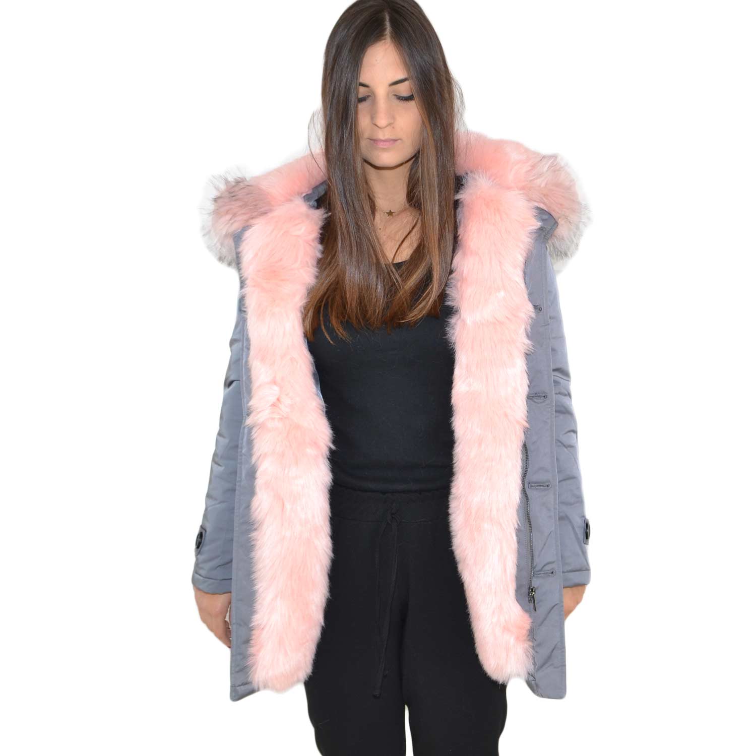 K-ZELL Parka donna invernale con pelliccia rosa eco giacca giubbotto piumino lungo grigio pelo extra volume imbottito caldo mod