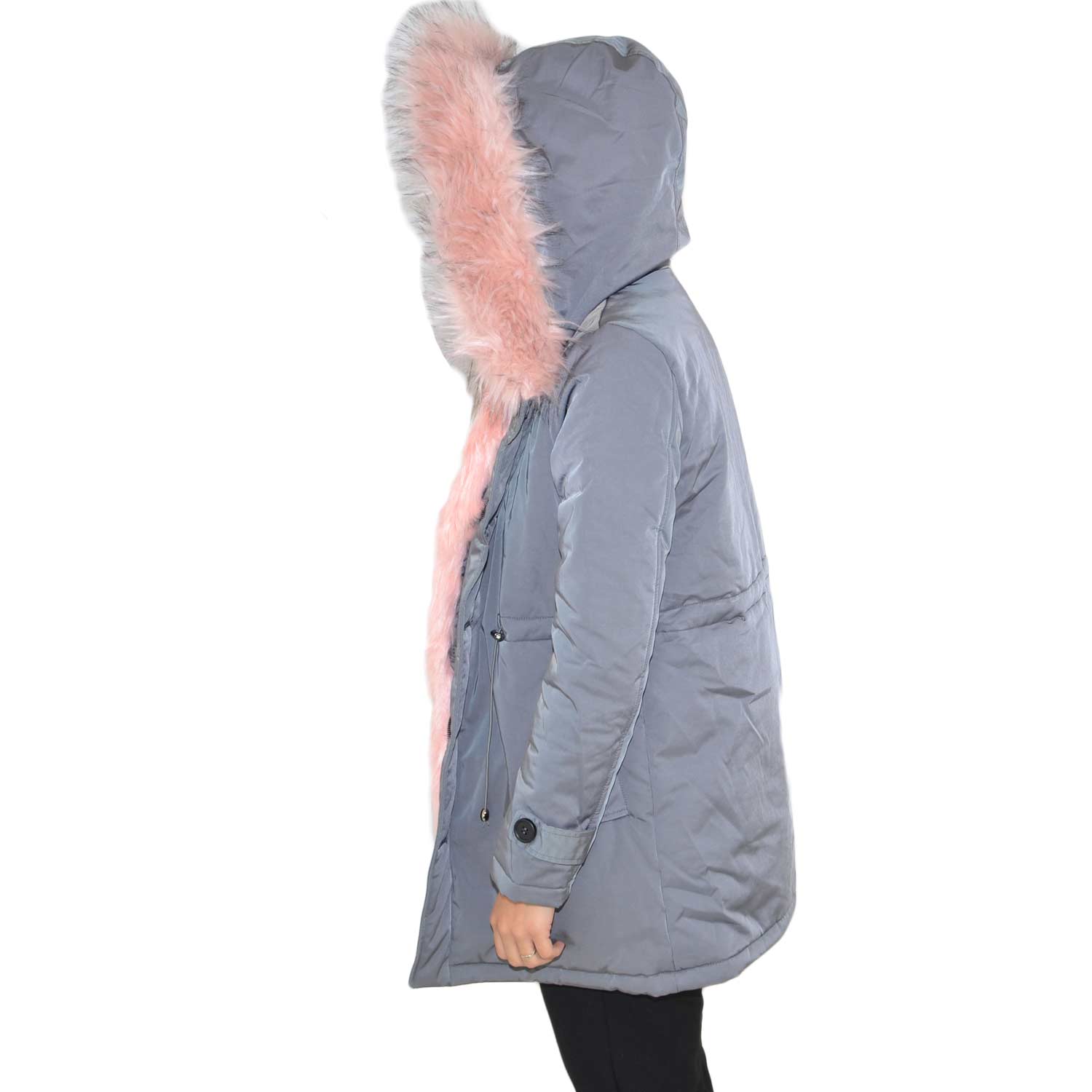 K-ZELL Parka donna invernale con pelliccia rosa eco giacca giubbotto piumino lungo grigio pelo extra volume imbottito caldo mod