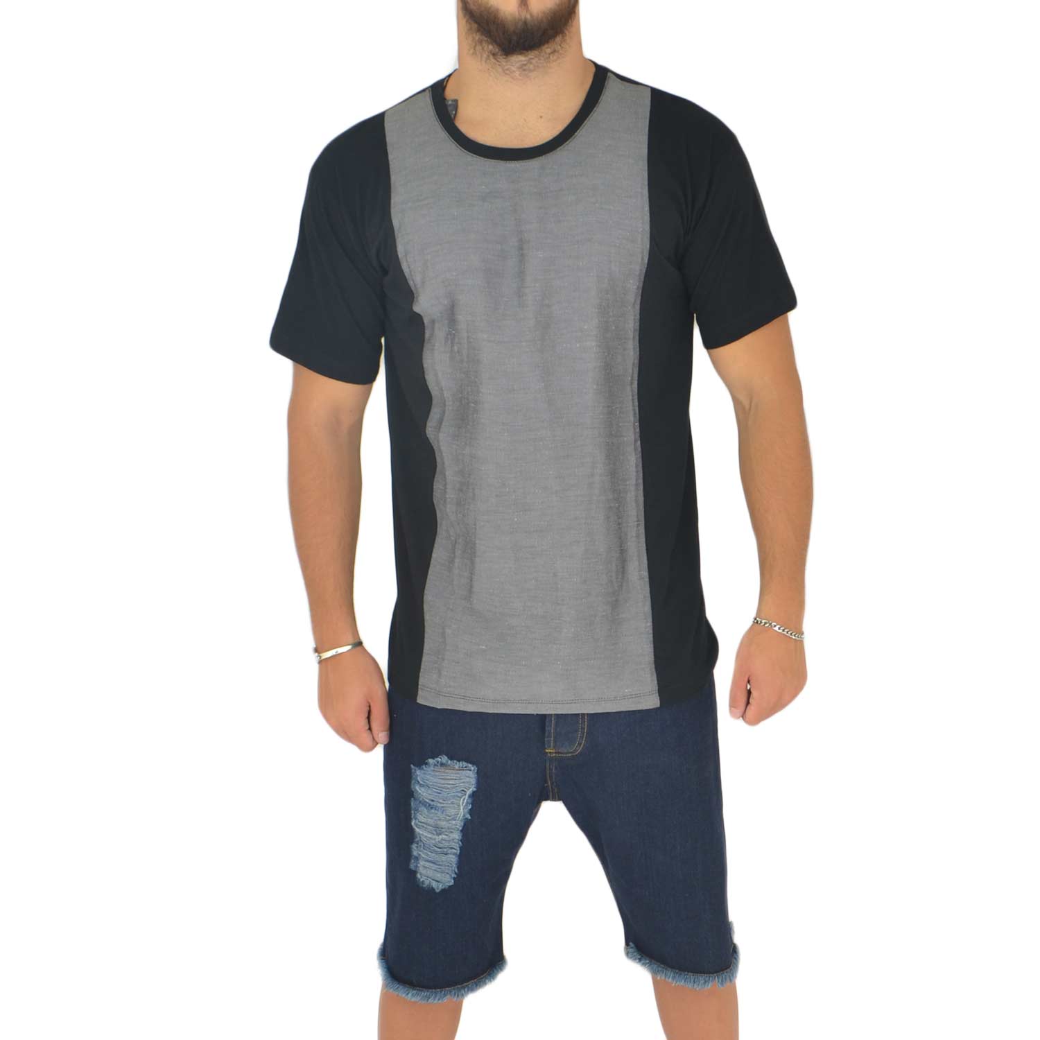 Malu Shoes T- shirt basic uomo cotone nero modello over con inserti in tessuto grigio sul petto girocollo made in italy moda