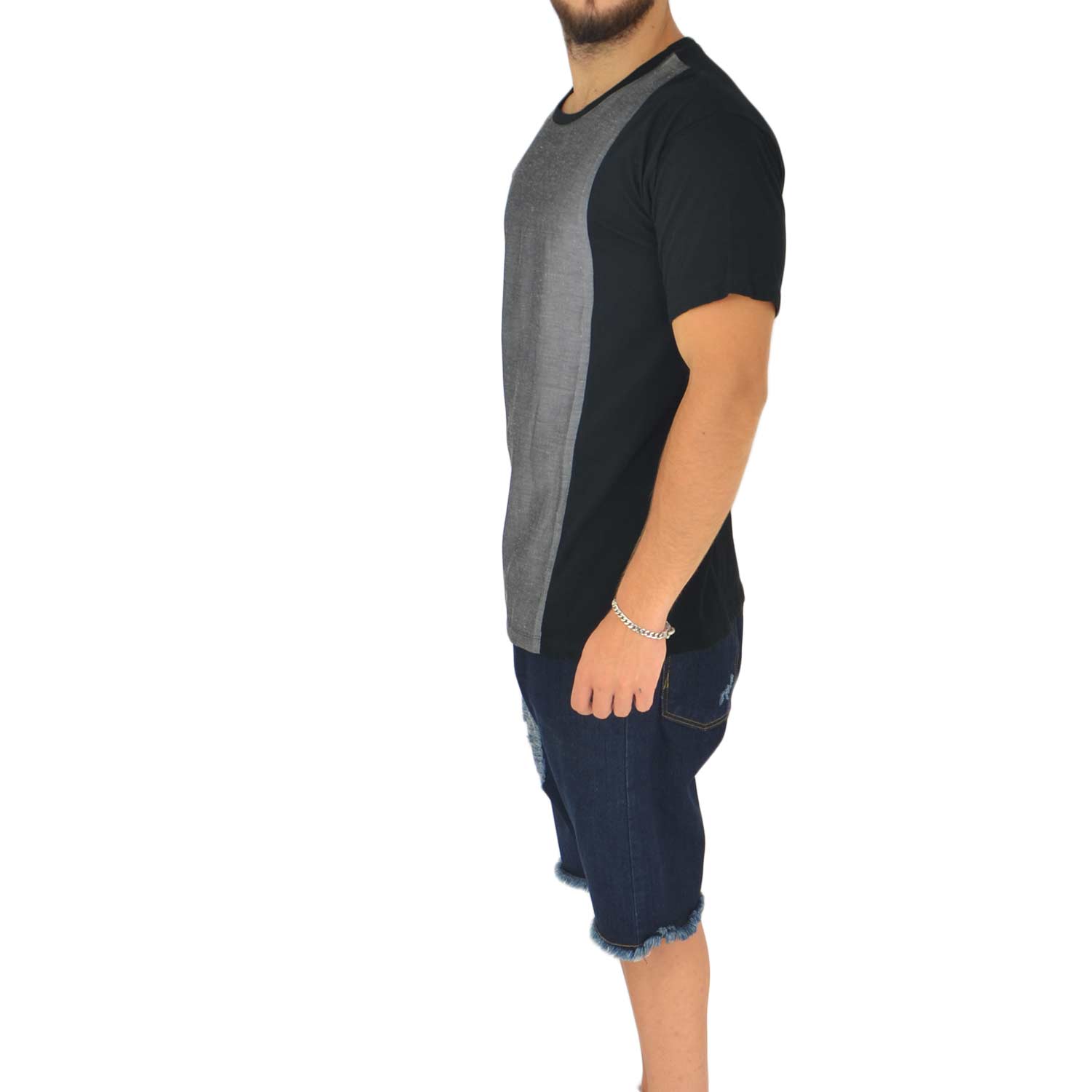 Malu Shoes T- shirt basic uomo cotone nero modello over con inserti in tessuto grigio sul petto girocollo made in italy moda