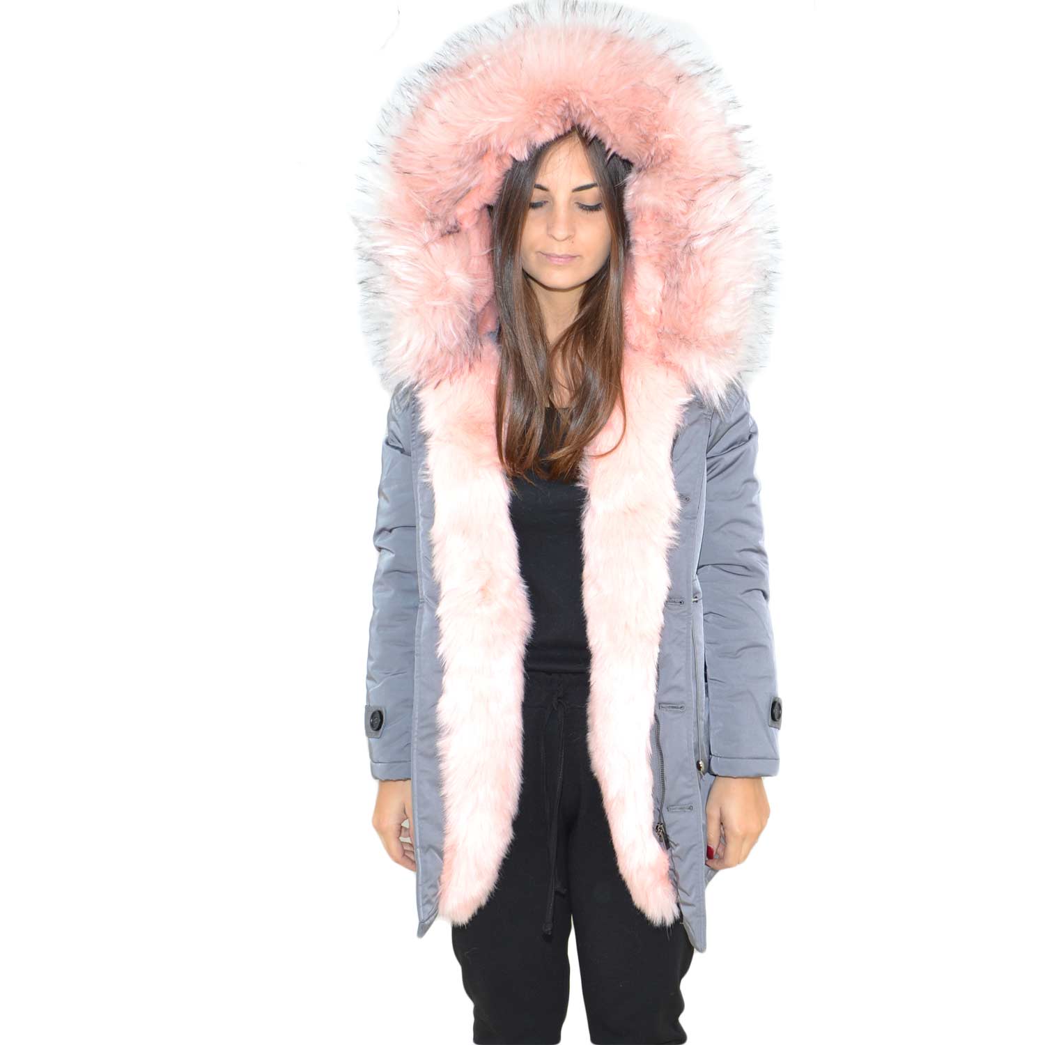 K-ZELL Parka donna invernale con pelliccia rosa eco giacca giubbotto piumino lungo grigio pelo extra volume imbottito caldo mod