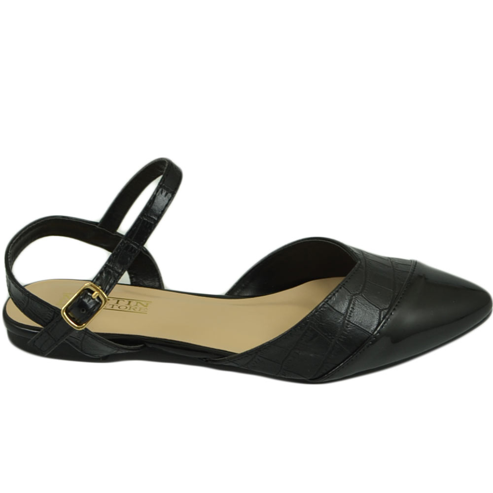 Malu Shoes Scarpe ballerine donna nere a punta lucida slingback con cinturino raso terra moda comfort fondo antiscivolo
