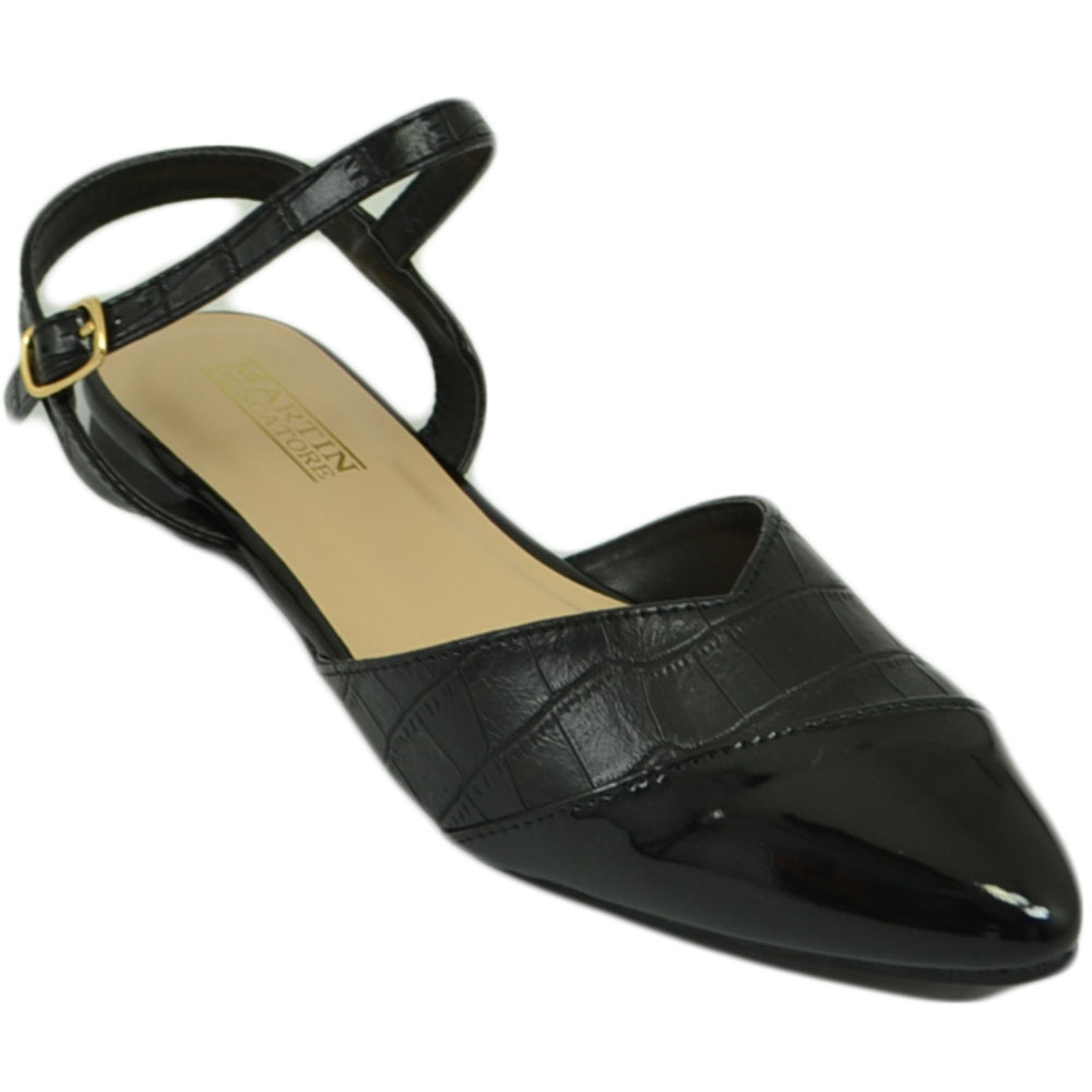 Malu Shoes Scarpe ballerine donna nere a punta lucida slingback con cinturino raso terra moda comfort fondo antiscivolo