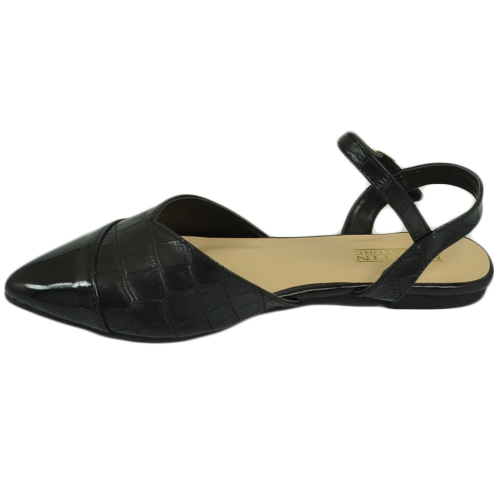Malu Shoes Scarpe ballerine donna nere a punta lucida slingback con cinturino raso terra moda comfort fondo antiscivolo