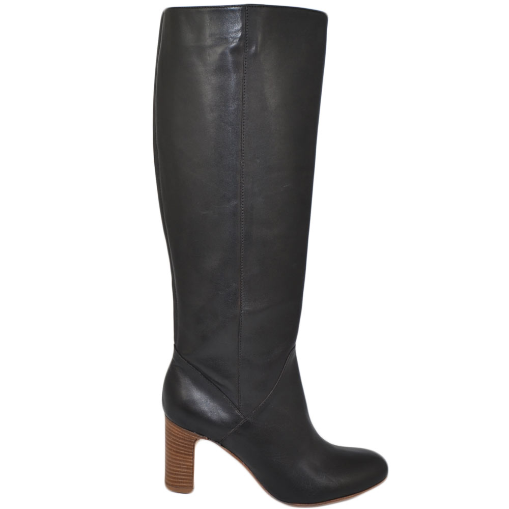 Malu Shoes Stivale donna nero in vera pelle di nappa con suola e tacco comodo in cuoio zip lunga liscio rigido moda handmade glam