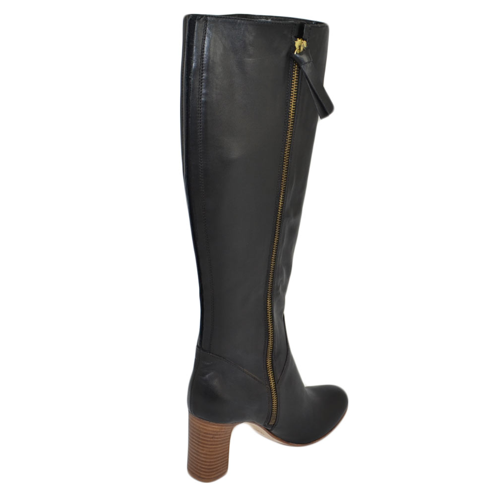Malu Shoes Stivale donna nero in vera pelle di nappa con suola e tacco comodo in cuoio zip lunga liscio rigido moda handmade glam