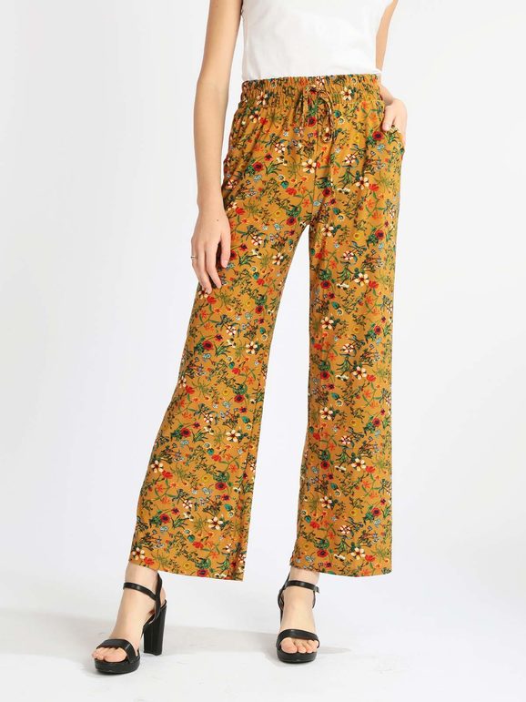 Gladys Pantaloni Donna a Palazzo Floreali Casual Beige Taglia M/l