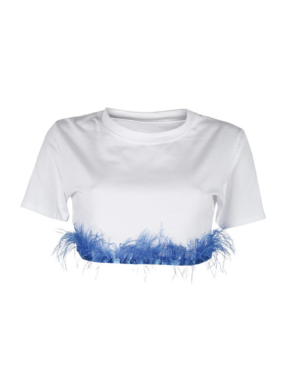 Solada T-shirt Cropped Donna Con Piume Manica Corta Blu Taglia Unica