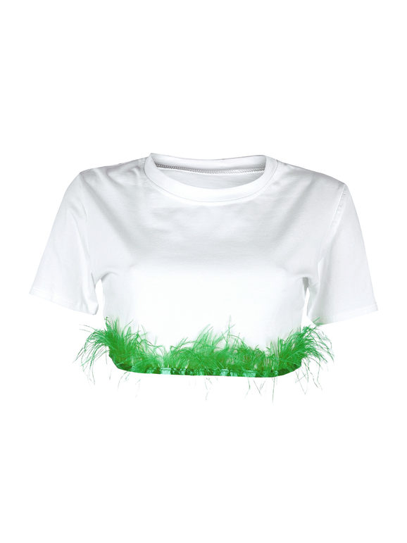 Solada T-shirt Cropped Donna Con Piume Manica Corta Verde Taglia Unica