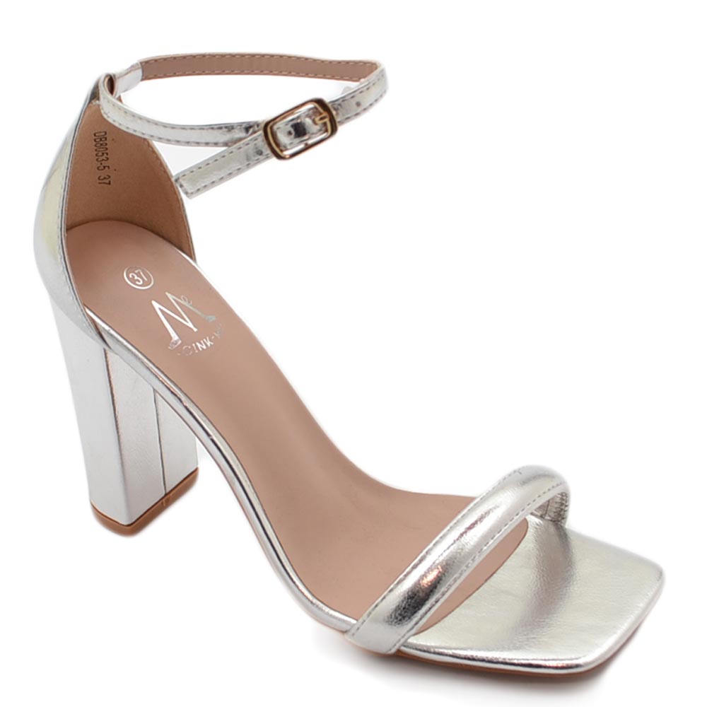 Malu Shoes Sandalo alto donna argento lucido con tacco doppio 10 cm cinturino alla caviglia linea basic cerimonia evento elegante