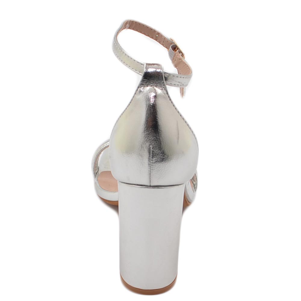Malu Shoes Sandalo alto donna argento lucido con tacco doppio 10 cm cinturino alla caviglia linea basic cerimonia evento elegante