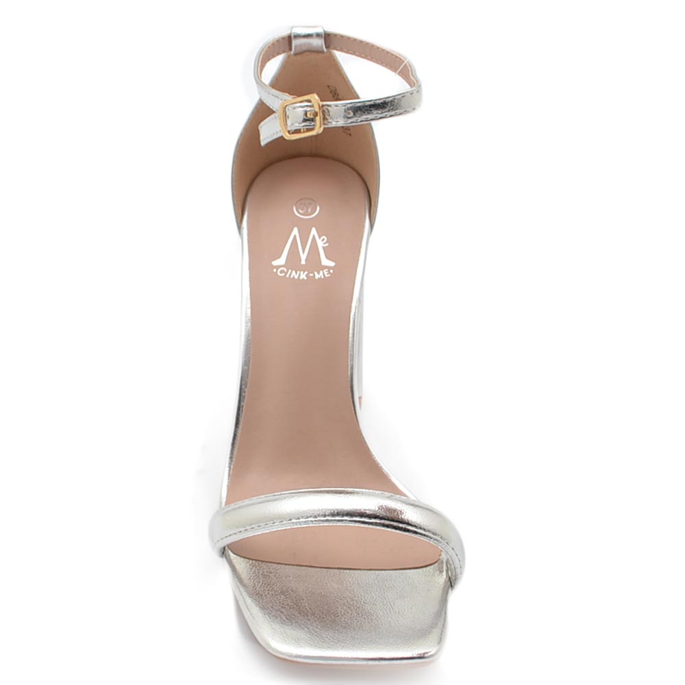 Malu Shoes Sandalo alto donna argento lucido con tacco doppio 10 cm cinturino alla caviglia linea basic cerimonia evento elegante