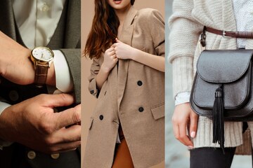 collage di tre foto: uomo e orologio da polso, donna nel cappotto beige, donna nel cardigan beige e borsa nera