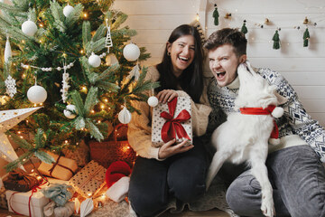 una coppia con un cane che è felice di avere regali sotto l'albero di Natale