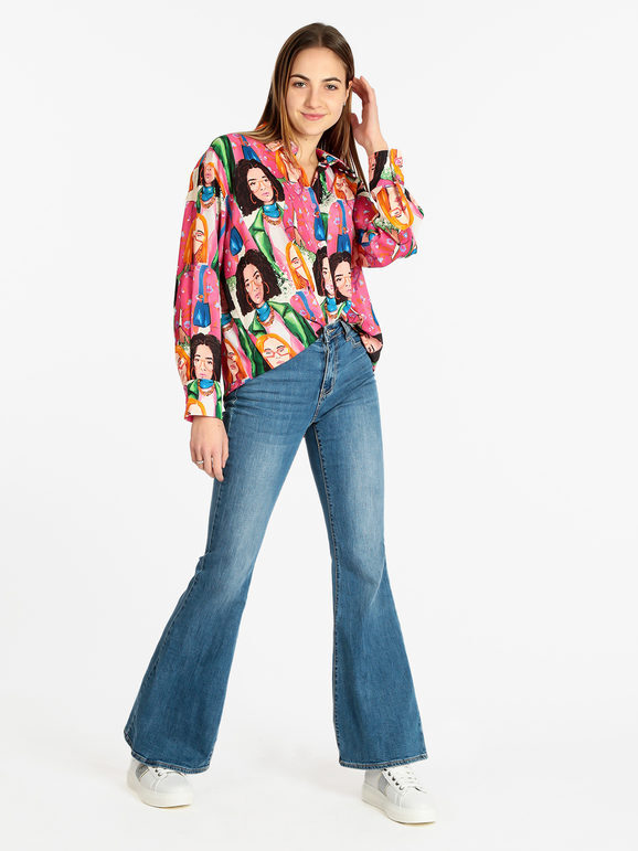 Made In Italy Maxi Camicia Da Donna Con Stampe Casual Fucsia Taglia Unica