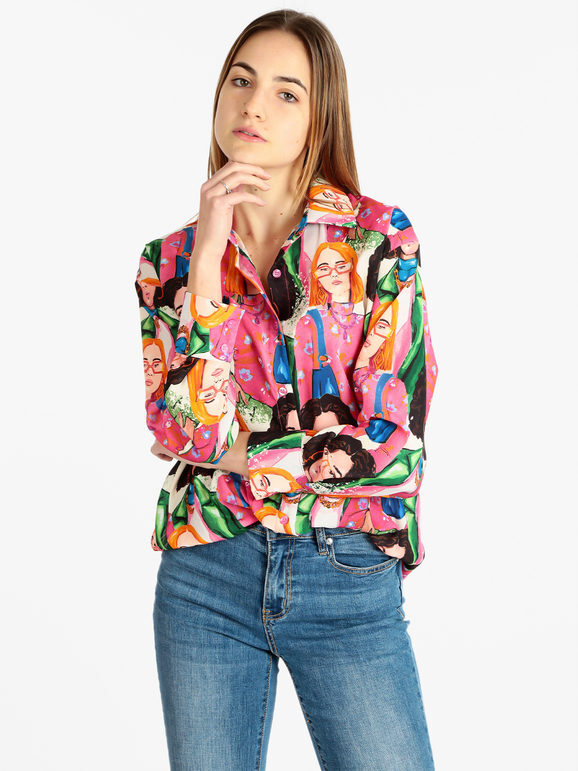 Made In Italy Maxi Camicia Da Donna Con Stampe Casual Fucsia Taglia Unica