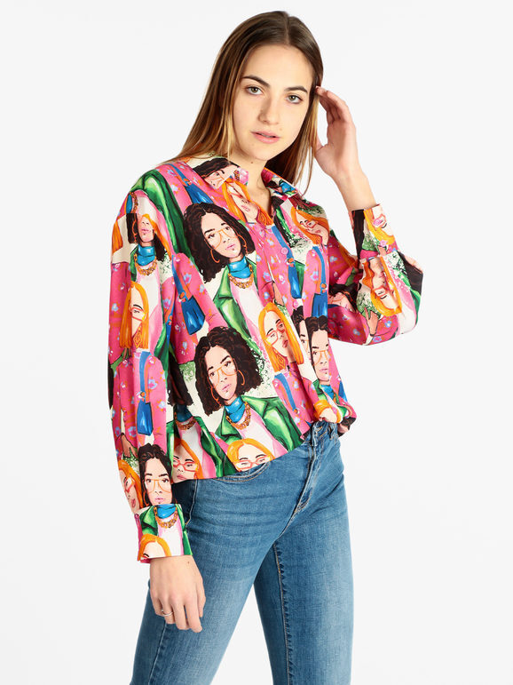 Made In Italy Maxi Camicia Da Donna Con Stampe Casual Fucsia Taglia Unica