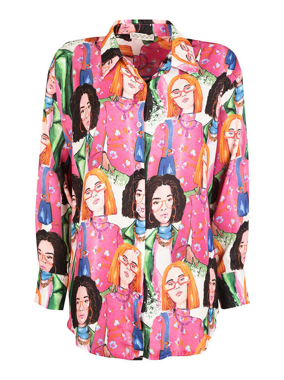 Made In Italy Maxi Camicia Da Donna Con Stampe Casual Fucsia Taglia Unica