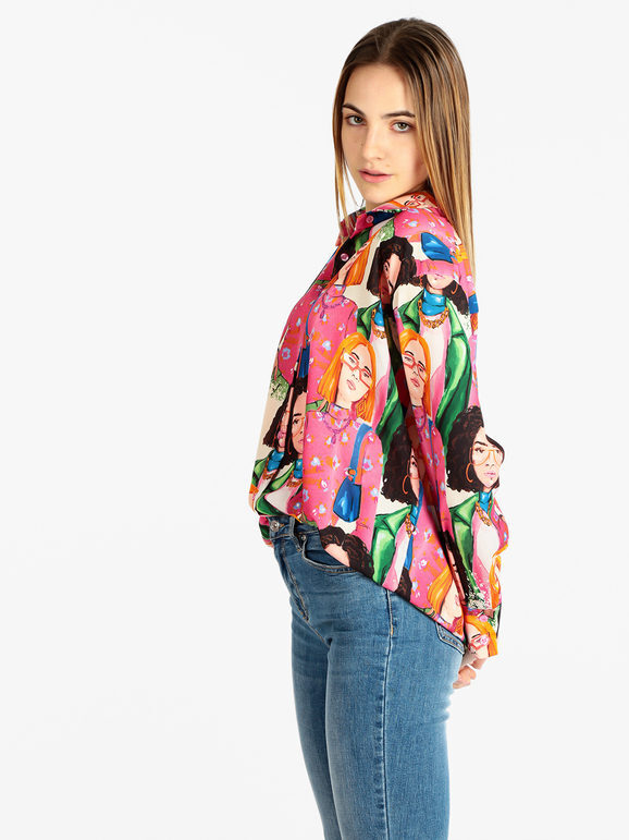 Made In Italy Maxi Camicia Da Donna Con Stampe Casual Fucsia Taglia Unica