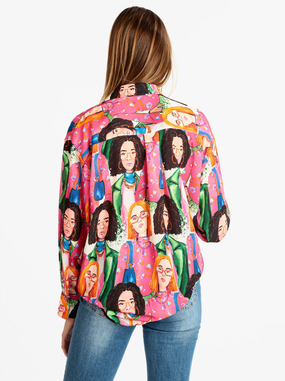 Made In Italy Maxi Camicia Da Donna Con Stampe Casual Fucsia Taglia Unica