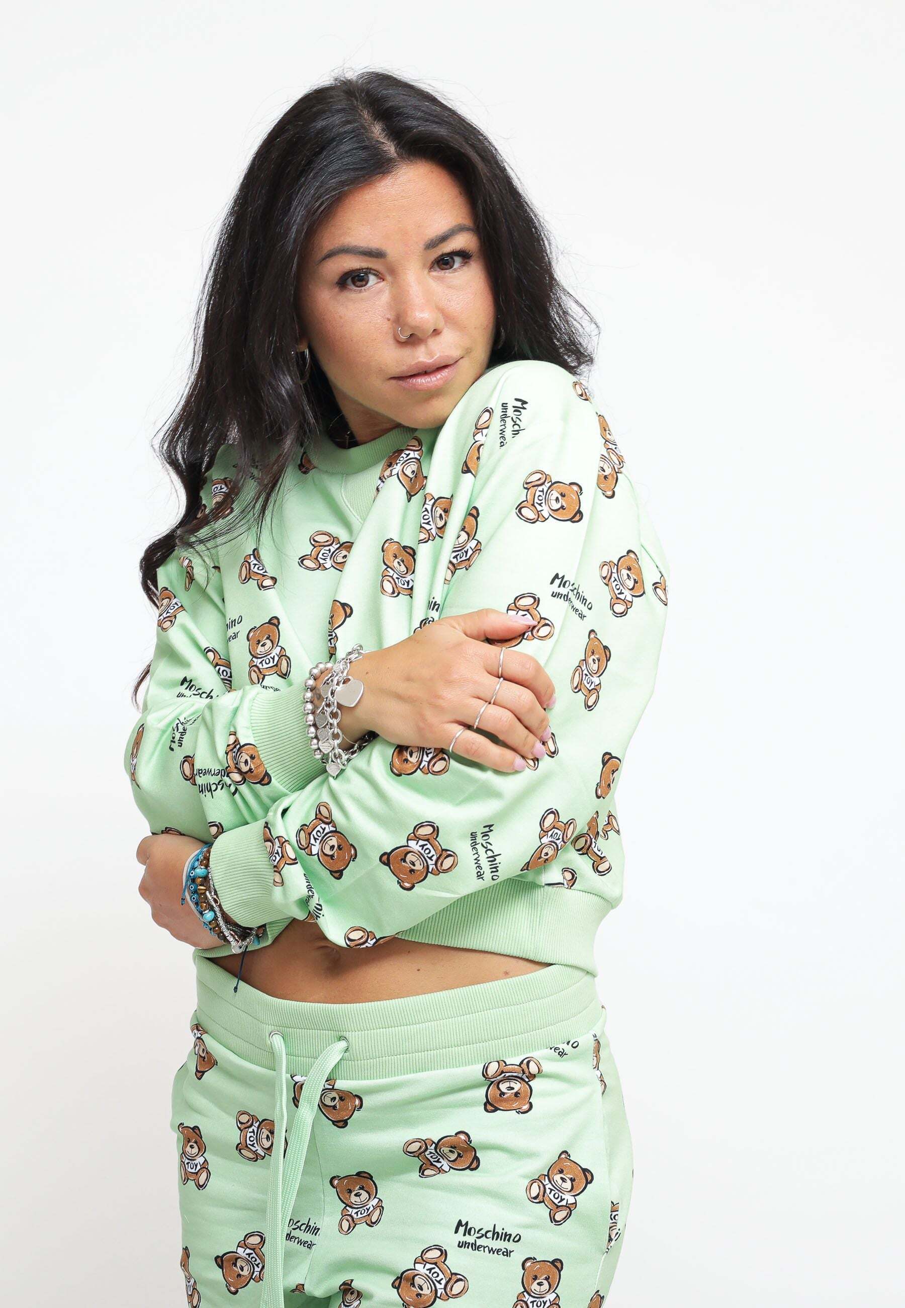 Moschino Underwear Teddy Bear Print Stretch Fleece Crop - Green Felpe Woman PE23 promo