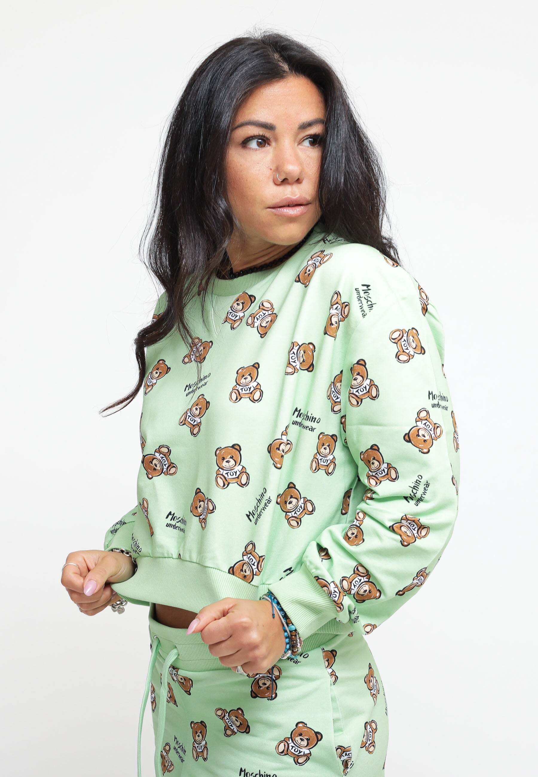 Moschino Underwear Teddy Bear Print Stretch Fleece Crop - Green Felpe Woman PE23 promo