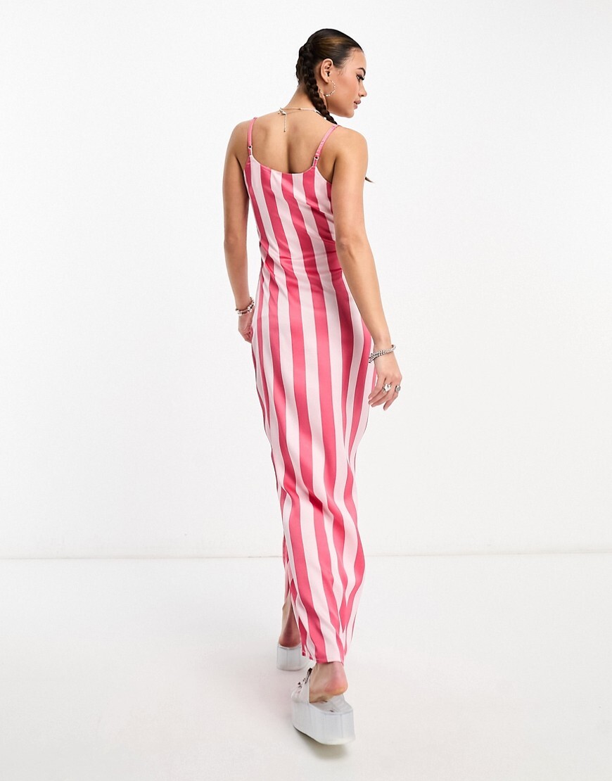 Heartbreak - Vestito lungo in raso rosa a righe con spalline sottili e ...
