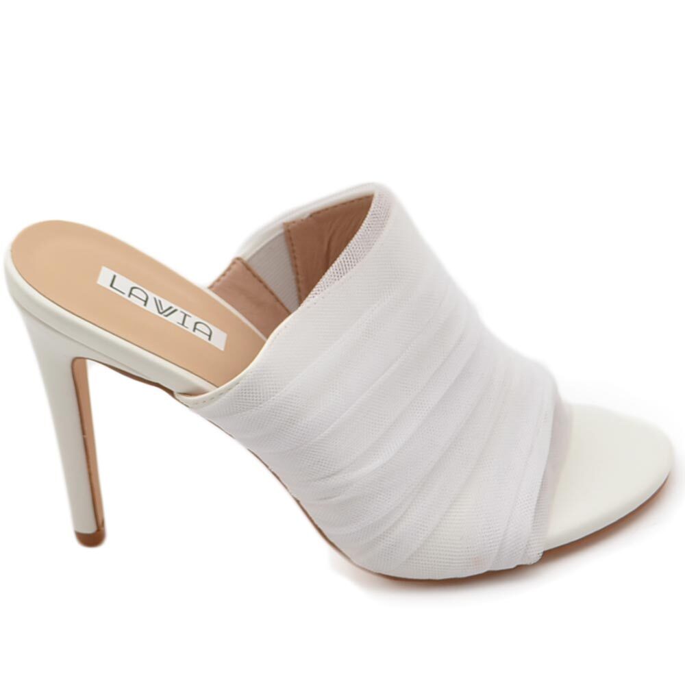 Malu Shoes Sandali donna mules pantofole in tessuto plissettato bianco tulle e tacco sottile 12 cm moda tendenza
