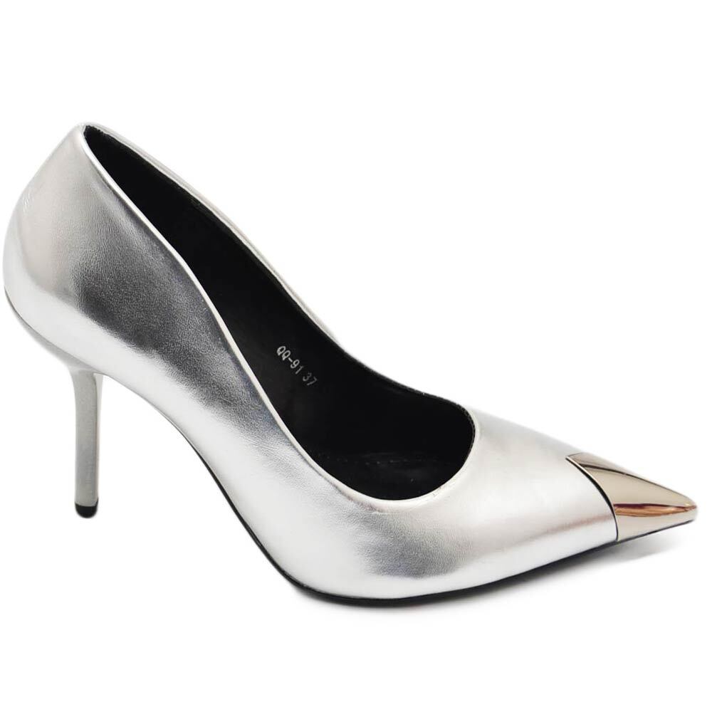 Malu Shoes Decolette' donna pelle matte argento satinato con punta gioiello tacco 10 cm spillo