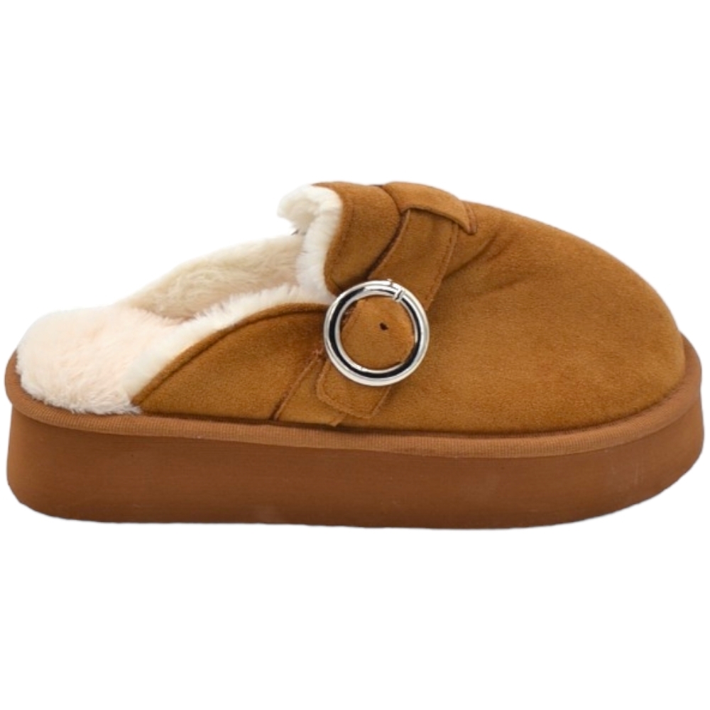 Malu Shoes Ciabatta pantofola donna cuoio con interno di pelliccia e fibbia comodo fondo alto 3 cm