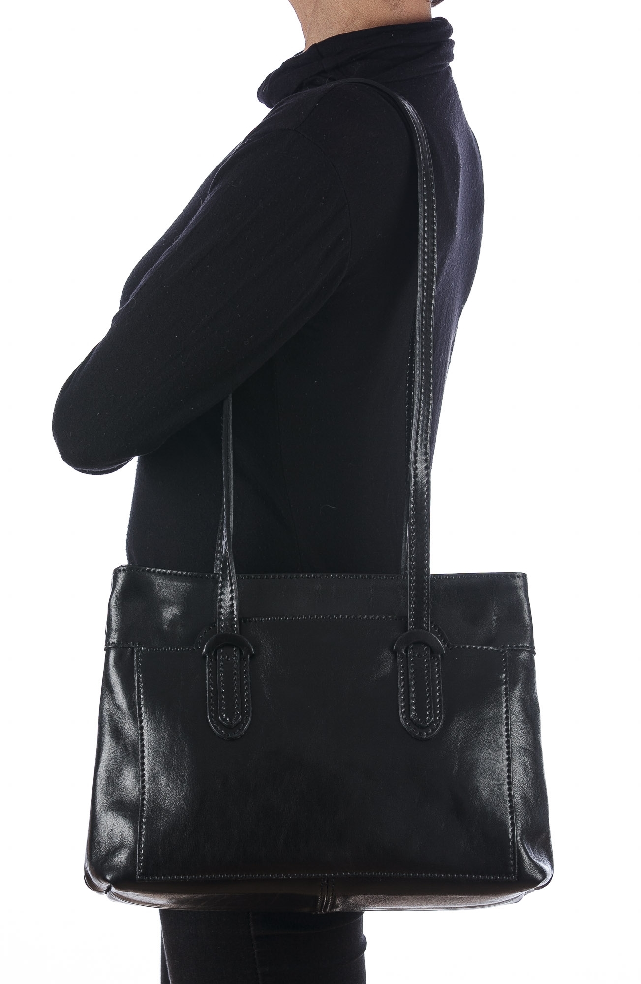 Borsa a spalla da donna in vera pelle MINA SMALL, colore NERO, CHIAROSCURO, Made in Italy