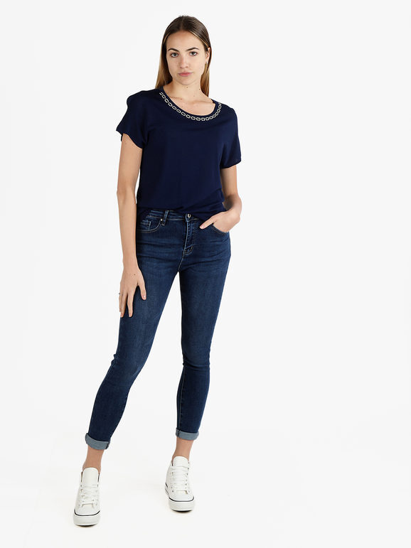 Coveri Moving Blusa Donna Con Girocollo Di Strass Bluse Blu Taglia Xl